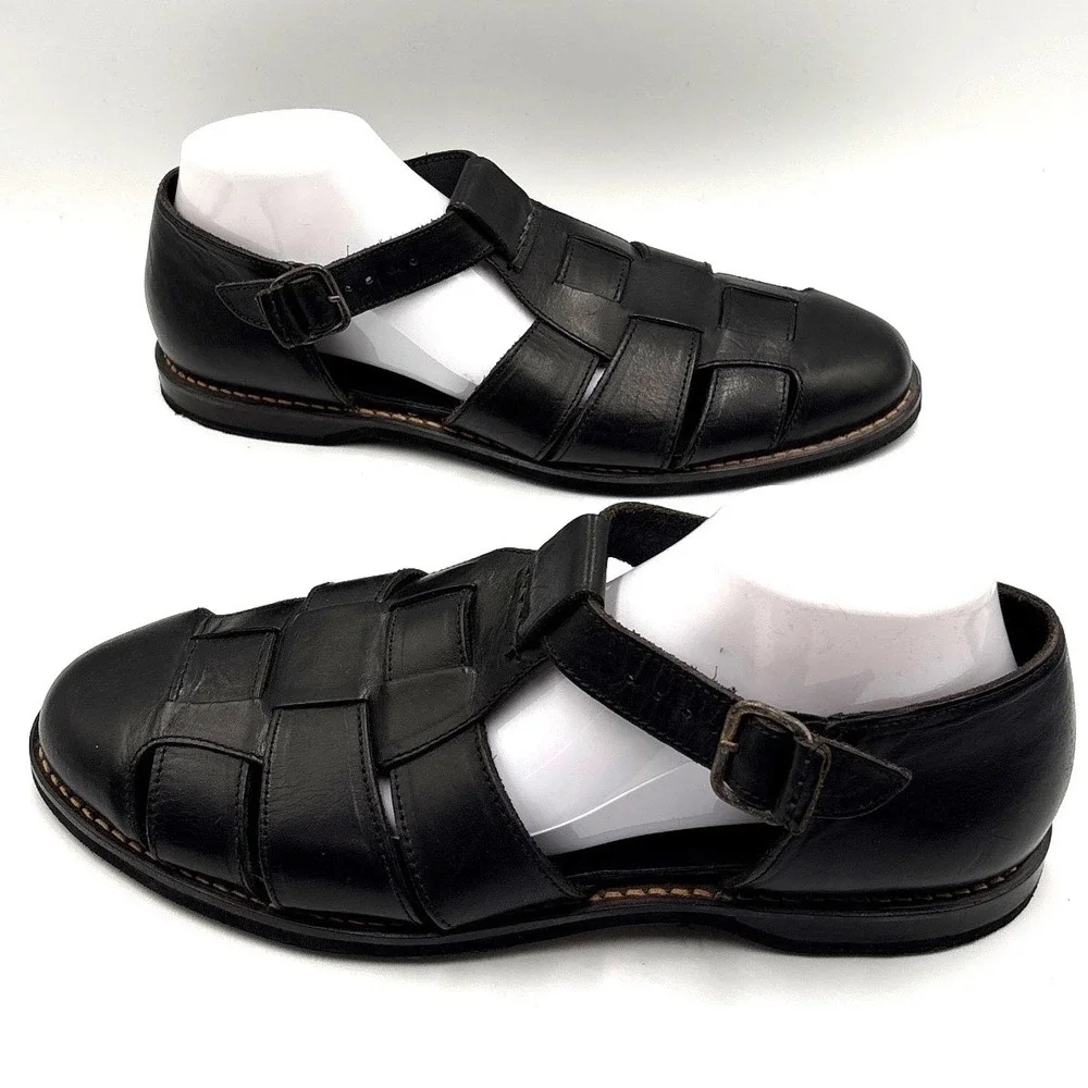 Cole Haan Mens Black Leather Fisherman Sandals Woven Closed Toe Buckle 11M 10468